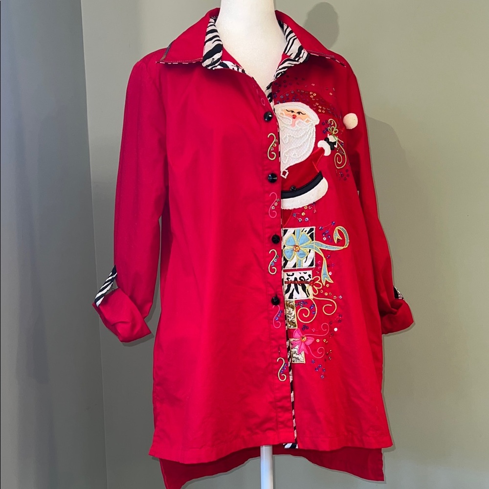 Jack b Quick Festive Red Santa Button-Up Shirt/Tunic Sz L